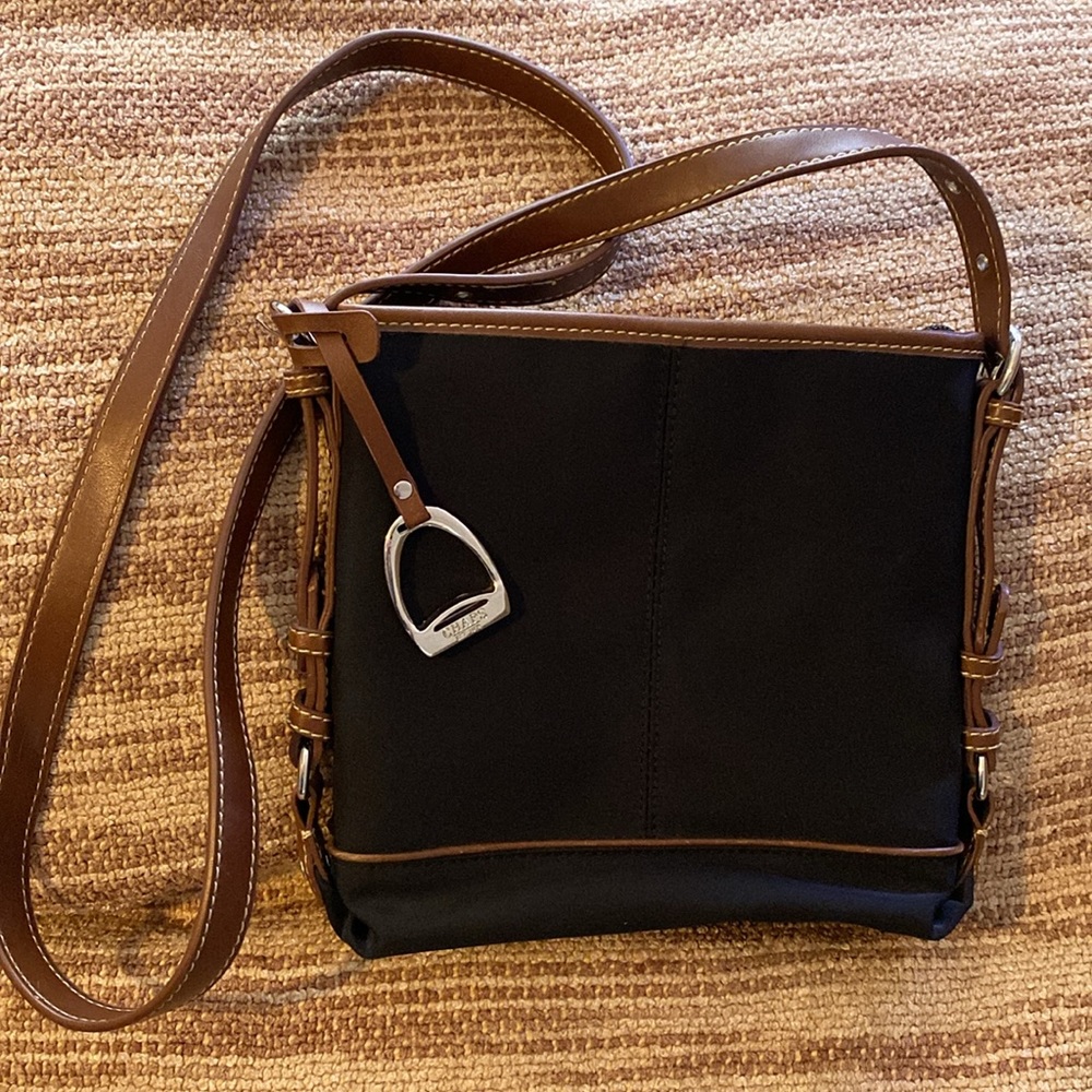 8.5 x 8.5 x 2.5 Chaps crossbody bag. Black nylon with brown strap & silver metal